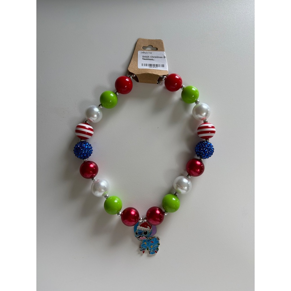 Disney Stitch Christmas Bubble Necklace Chunky Bead Holiday Jewelry Red Green